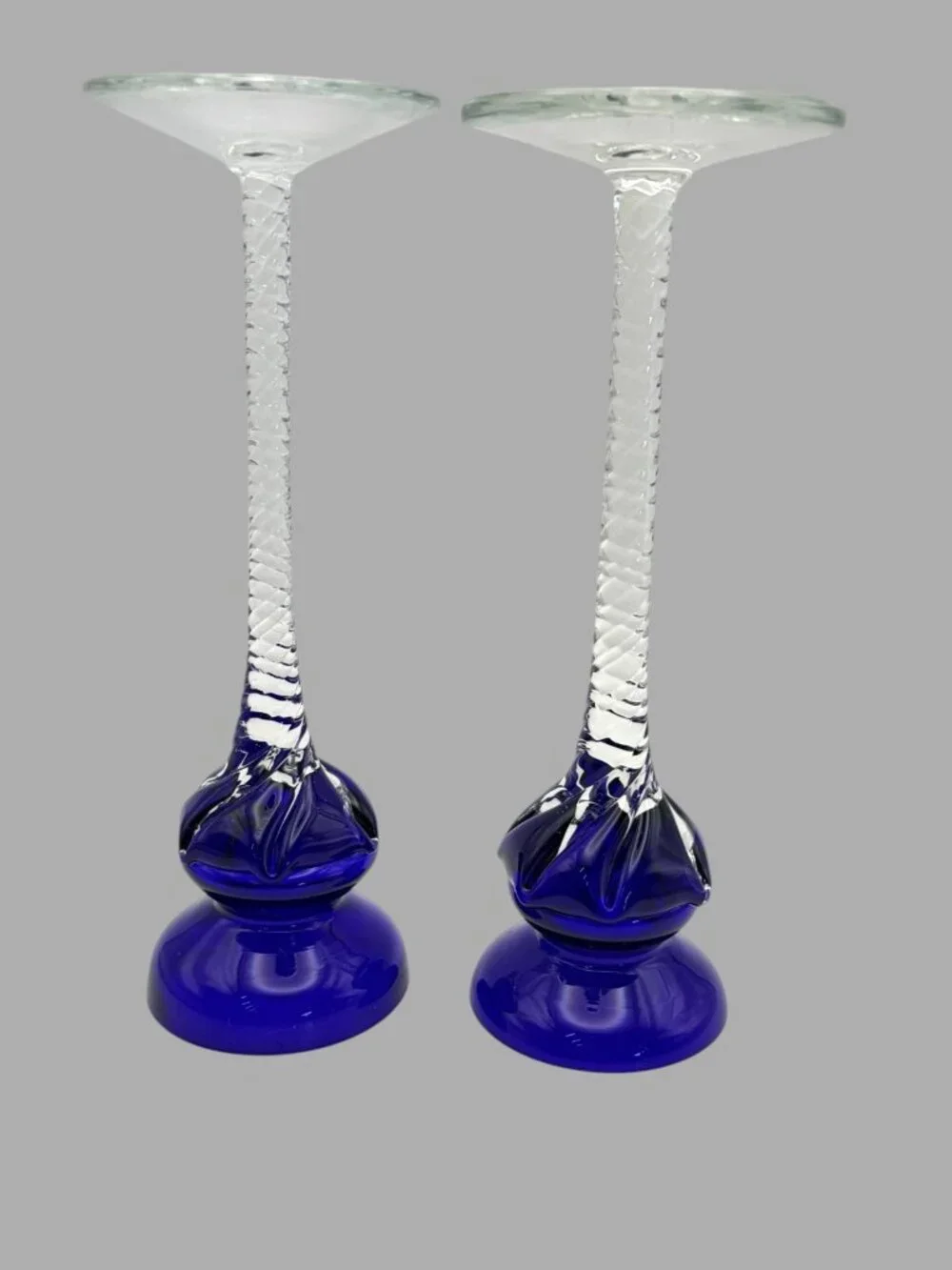 Vintage Romanian Hand Blown Art Glass Cobalt Blue Twist Stem Candle Holders Pair